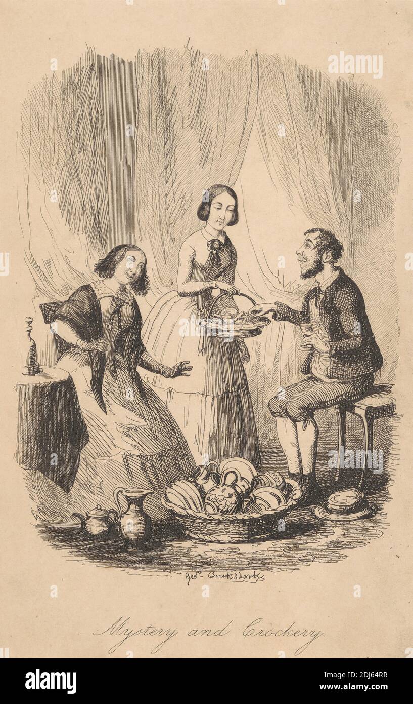 Mystery and Crockery, Print made by George Cruikshank, 1792–1878, britisch, undatiert, Radierung auf Medium, leicht strukturiert, cremefarbenes Wove-Papier Stockfoto Mystery and Crockery, Print made by George Cruikshank, 1792–1878, britisch, undatiert, Radierung auf Medium, leicht strukturiert, cremefarbenes Wove-Papier Stockfoto