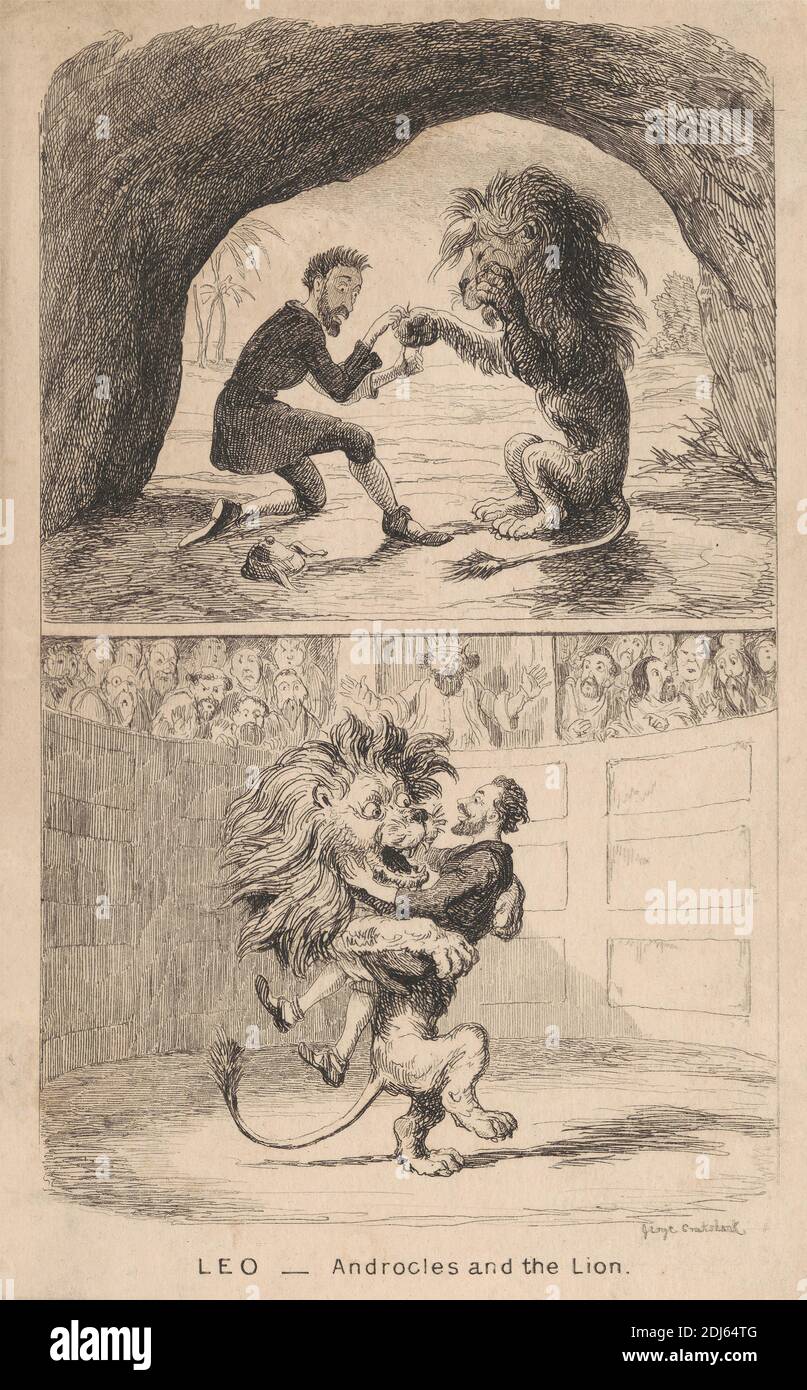 Leo: Androcles and the Lion, Print made by George Cruikshank, 1792–1878, britisch, undatiert, Radierung auf mittelschwerem, leicht strukturiertem, cremefarbenem Papier Stockfoto