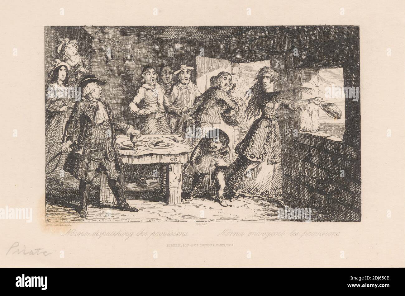 Norma Dispatching the Provides, Druck von George Cruikshank, 1792–1878, British, 1838, Radierung auf mittelschwerem, leicht strukturiertem, cremefarbenen Wove-Papier Stockfoto
