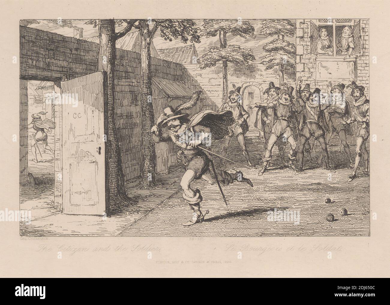 The Citizen and the Soldier, Druck gemacht von George Cruikshank, 1792–1878, British, 1838, Radierung auf mittelschwerem, leicht strukturiertem cremefarbenem Papier Stockfoto The Citizen and the Soldier, Druck gemacht von George Cruikshank, 1792–1878, British, 1838, Radierung auf mittelschwerem, leicht strukturiertem cremefarbenem Papier Stockfoto