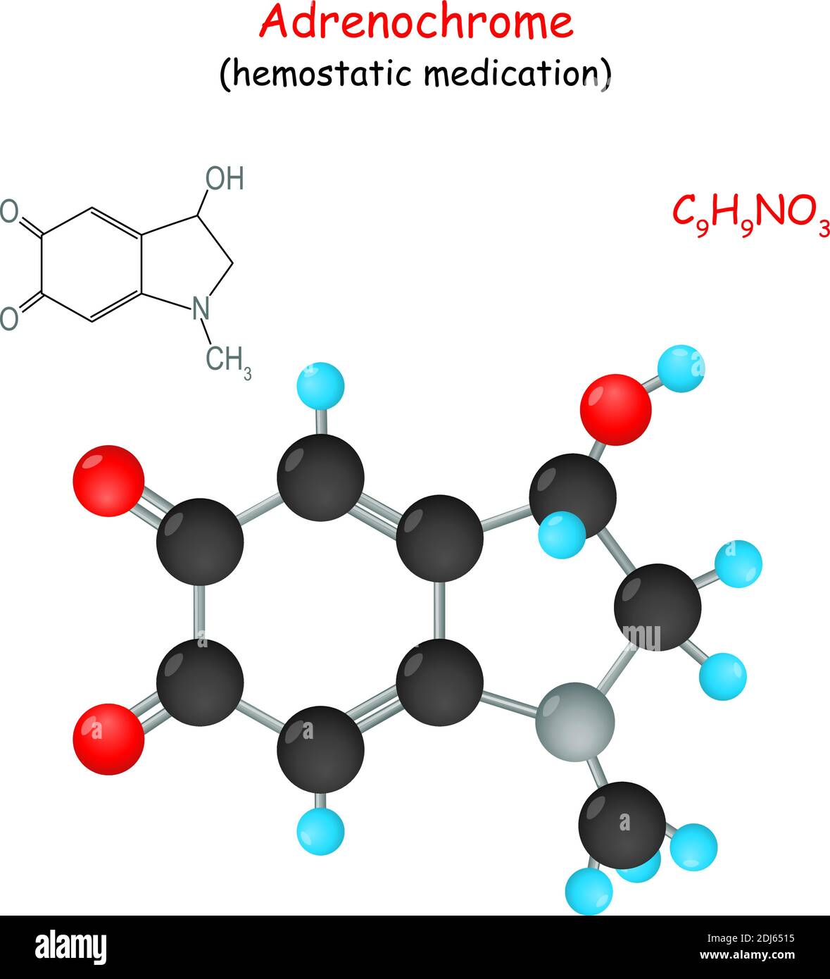 Adrenochrome. Chemische Strukturformel und Modell des Moleküls der Hämostatikmedikation. Vektorgrafik Stock Vektor