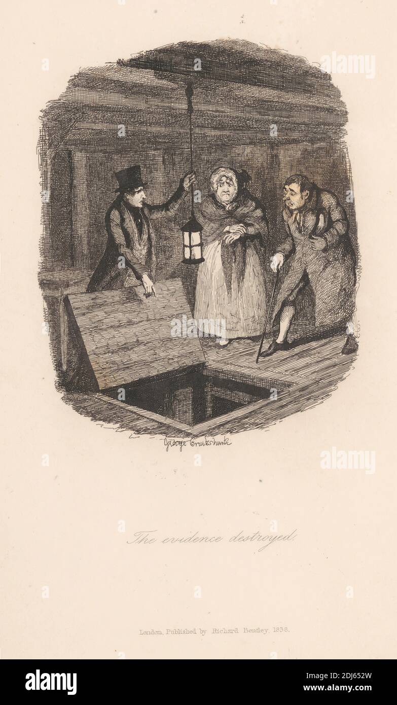 The Evidence Destroyed, Print made by George Cruikshank, 1792–1878, British, 1838, Radierung auf mittelschwerem, leicht strukturiertem, cremefarbenen Wove-Papier Stockfoto The Evidence Destroyed, Print made by George Cruikshank, 1792–1878, British, 1838, Radierung auf mittelschwerem, leicht strukturiertem, cremefarbenen Wove-Papier Stockfoto