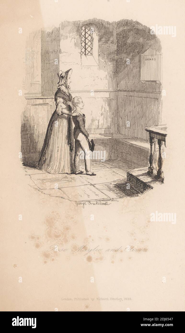 Rose Maylie und Oliver, Druck gemacht von George Cruikshank, 1792–1878, British, 1838, Radierung auf mittelschwerem, leicht strukturiertem, cremefarbenen Wove-Papier Stockfoto