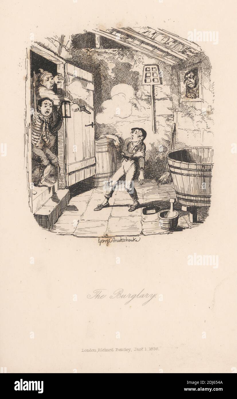 The Burglary, Print made by George Cruikshank, 1792–1878, British, 1838, Radierung auf mittelschwerem, leicht strukturiertem, cremefarbenem Papier Stockfoto The Burglary, Print made by George Cruikshank, 1792–1878, British, 1838, Radierung auf mittelschwerem, leicht strukturiertem, cremefarbenem Papier Stockfoto