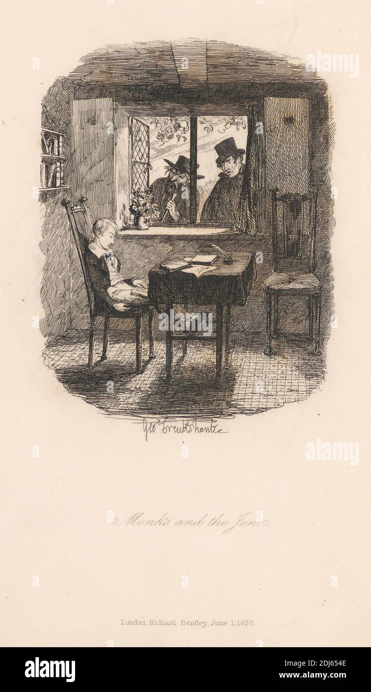 Monks and the Jew, Druck von George Cruikshank, 1792–1878, British, 1838, Radierung auf mittelschwerem, leicht strukturiertem, cremefarbenem Papier Stockfoto Monks and the Jew, Druck von George Cruikshank, 1792–1878, British, 1838, Radierung auf mittelschwerem, leicht strukturiertem, cremefarbenem Papier Stockfoto