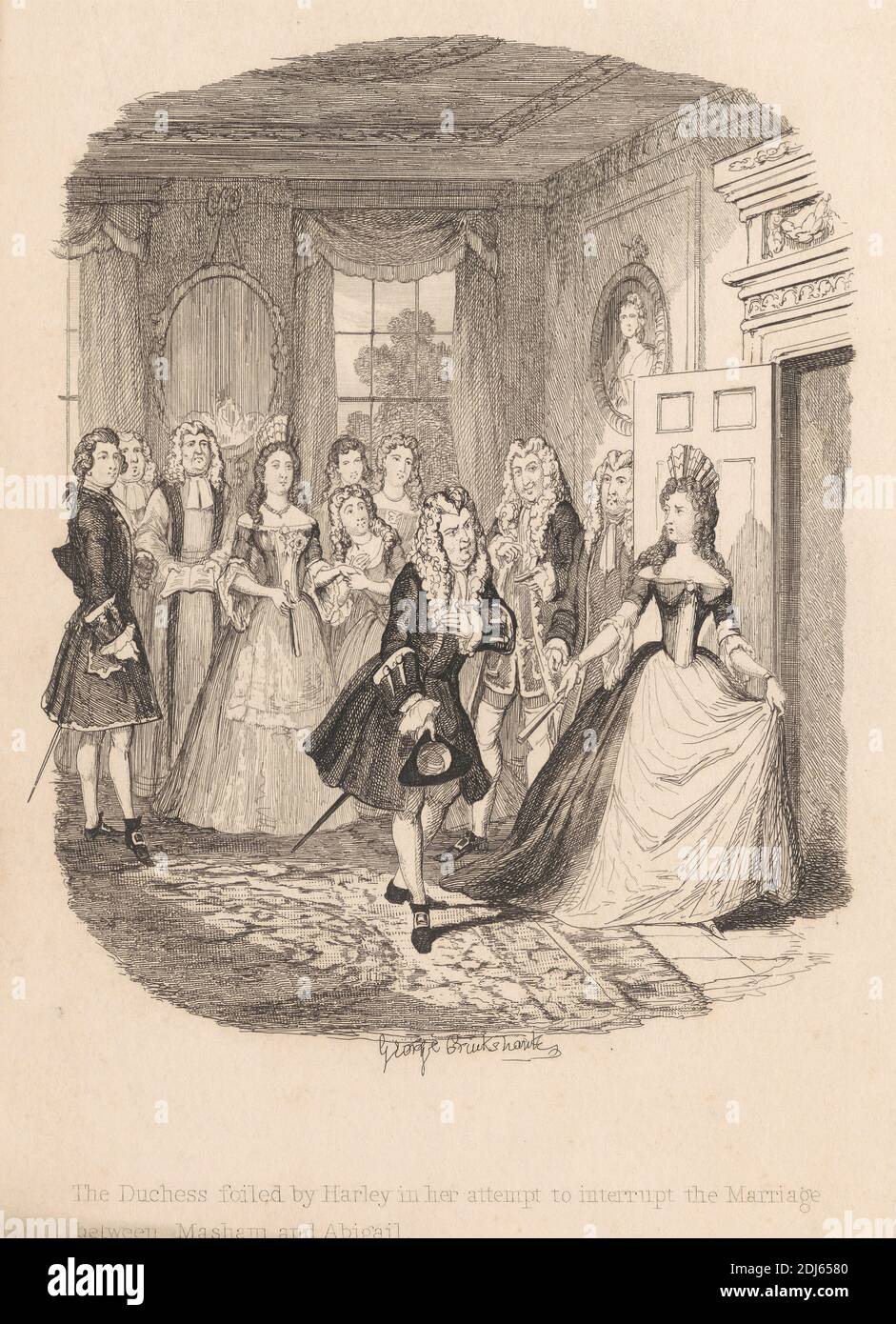 Die Herzogin vereitelt von Harley in ihrem Versuch, die Ehe zwischen Masham und Abigail zu unterbrechen, Druck gemacht von George Cruikshank, 1792–1878, britisch, undatiert, Radierung auf mittelschwerem, leicht strukturiertem, cremefarbenen Wove-Papier Stockfoto