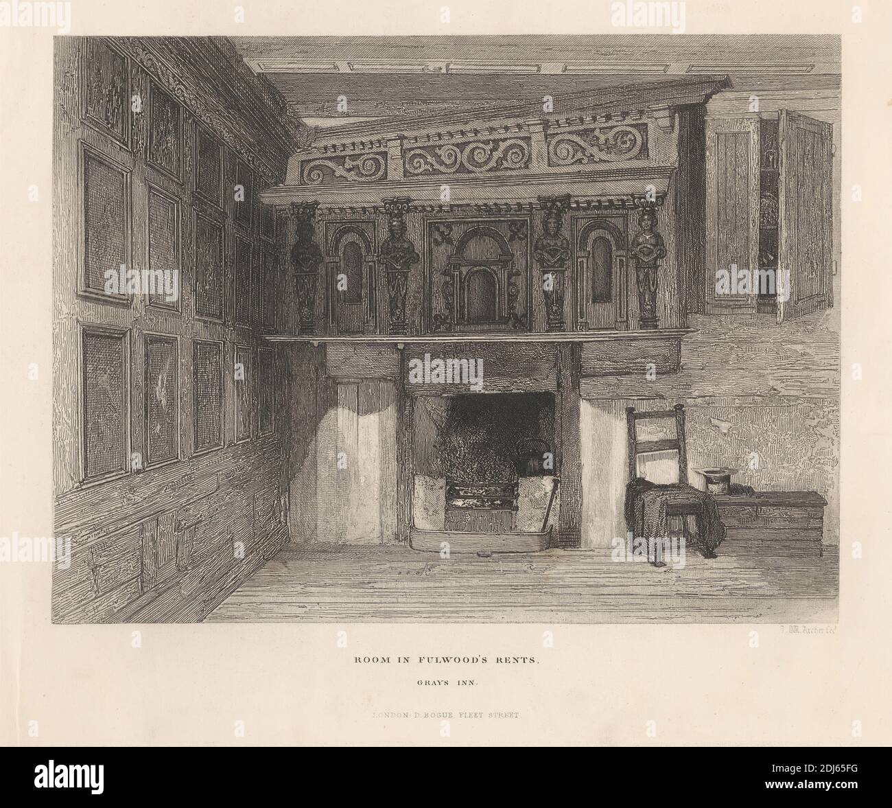 Raum in Fulwood's Rents, Gray's Inn, gedruckt von John Wykeham Archer, 1808–1864, British, 1850, Radierung auf mittelschwerem, leicht strukturiertem, cremefarbenen Wove-Papier Stockfoto
