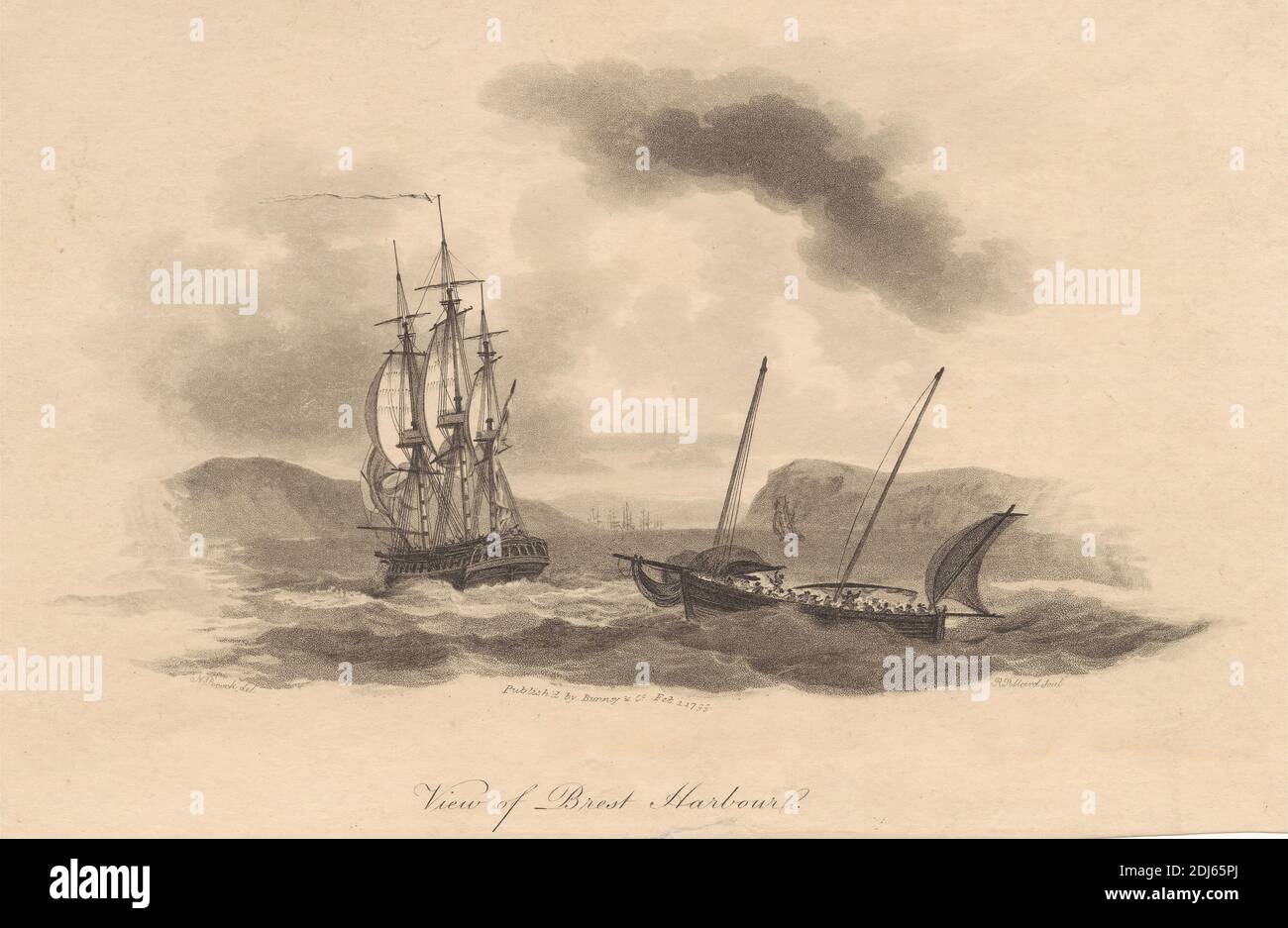 Ansicht von Brest Harbour, Druck von Robert Pollard, 1755–1838, britisch, nach Nicholas Pocock, 1740–1821, britisch, 1799, Radierung und Aquatinta auf mittelschwerem, leicht strukturiertem, cremefarbenen Wove-Papier Stockfoto