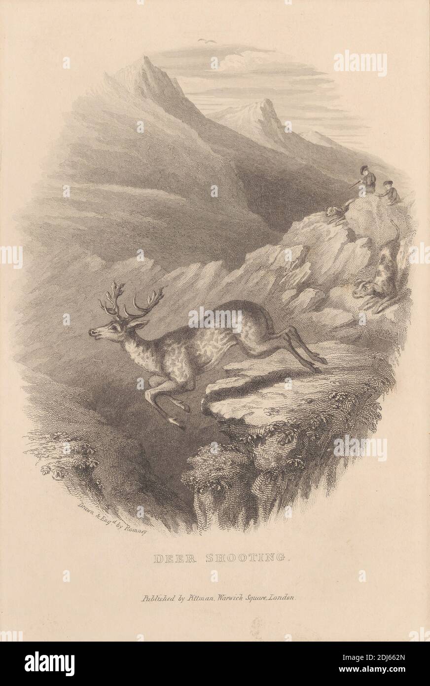 Deer Shooting, Druck von John Romney, 1786–1863, britisch, undatiert, Strichgravur auf mittelschwerem, leicht strukturiertem, cremefarbenem Wove-Papier Stockfoto