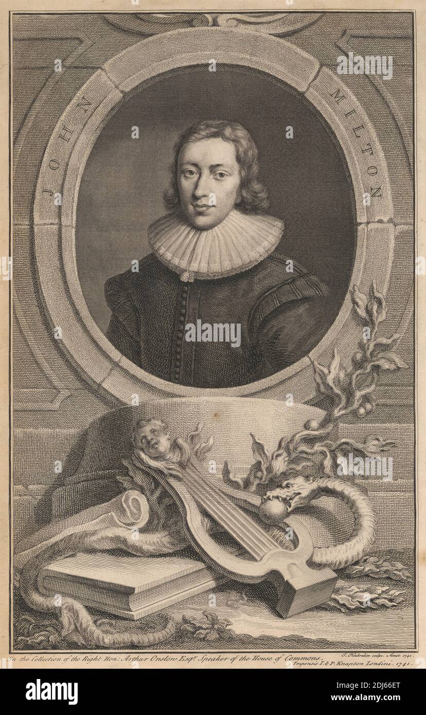 John Milton, Druck von Jacobus Houbraken, 1698–1780, Niederländisch, 1741, Strichgravur auf mittelschwerem, leicht strukturiertem, cremefarbenen Papier Stockfoto