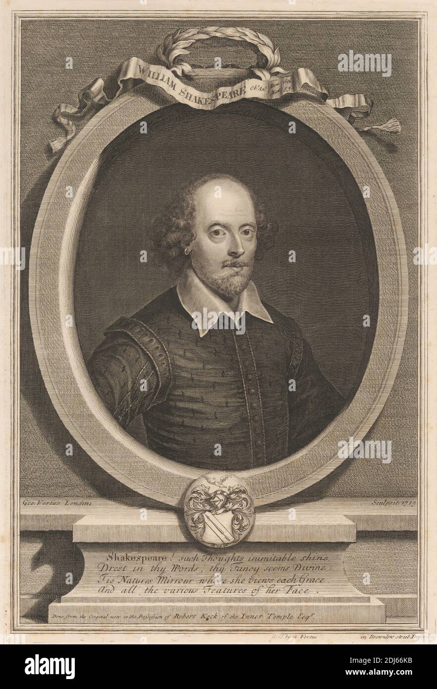 William Shakespeare, Druck gemacht von George Vertue, 1684–1756, British, 1719, Strichgravur auf mittelschwerem, leicht strukturiertem, cremefarbenen Wove-Papier Stockfoto