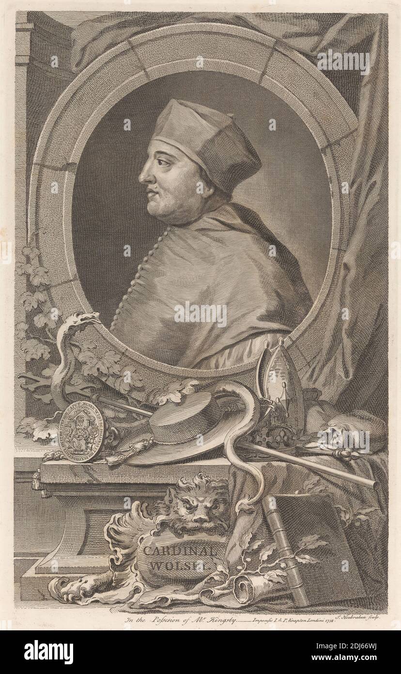 Cardinal Wolsey, Druck gemacht von Jacobus Houbraken, 1698–1780, Niederländisch, 1738, Strichgravur auf mittelschwerem, leicht strukturiertem, cremefarbenem Wove-Papier Stockfoto