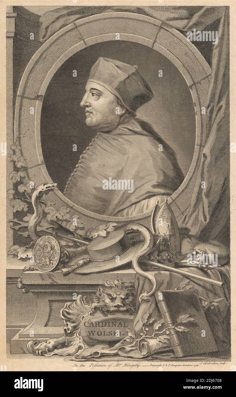 Cardinal Wolsey, Druck von Jacobus Houbraken, 1698–1780, Niederländisch, 1738, Strichgravur auf mittelschwerem, leicht strukturiertem, cremefarbenen Papier Stockfoto