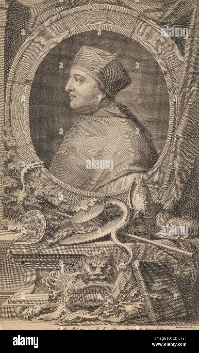 Cardinal Wolsey, Druck von Jacobus Houbraken, 1698–1780, Niederländisch, 1738, Strichgravur auf mittelschwerem, leicht strukturiertem, cremefarbenen Papier Stockfoto