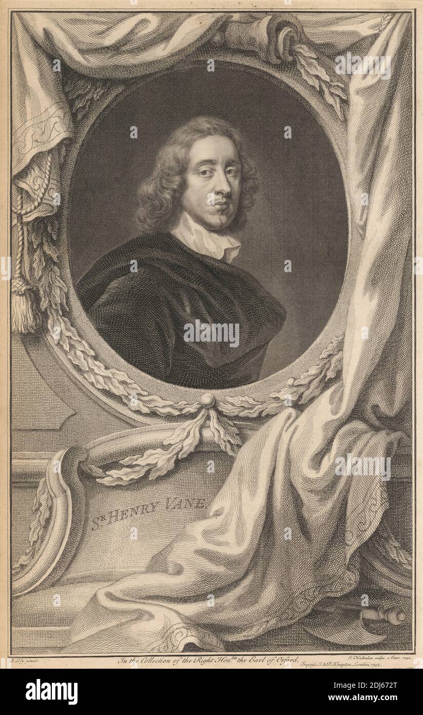 Sir Henry Vane the Younger, Druck von Jacobus Houbraken, 1698–1780, niederländisch, nach Sir Peter Lely, 1618–1680, niederländisch, in England tätig (ab 1643), 1742, Strichgravur auf mittelschwerem, leicht strukturiertem, cremefarbenen Papier Stockfoto