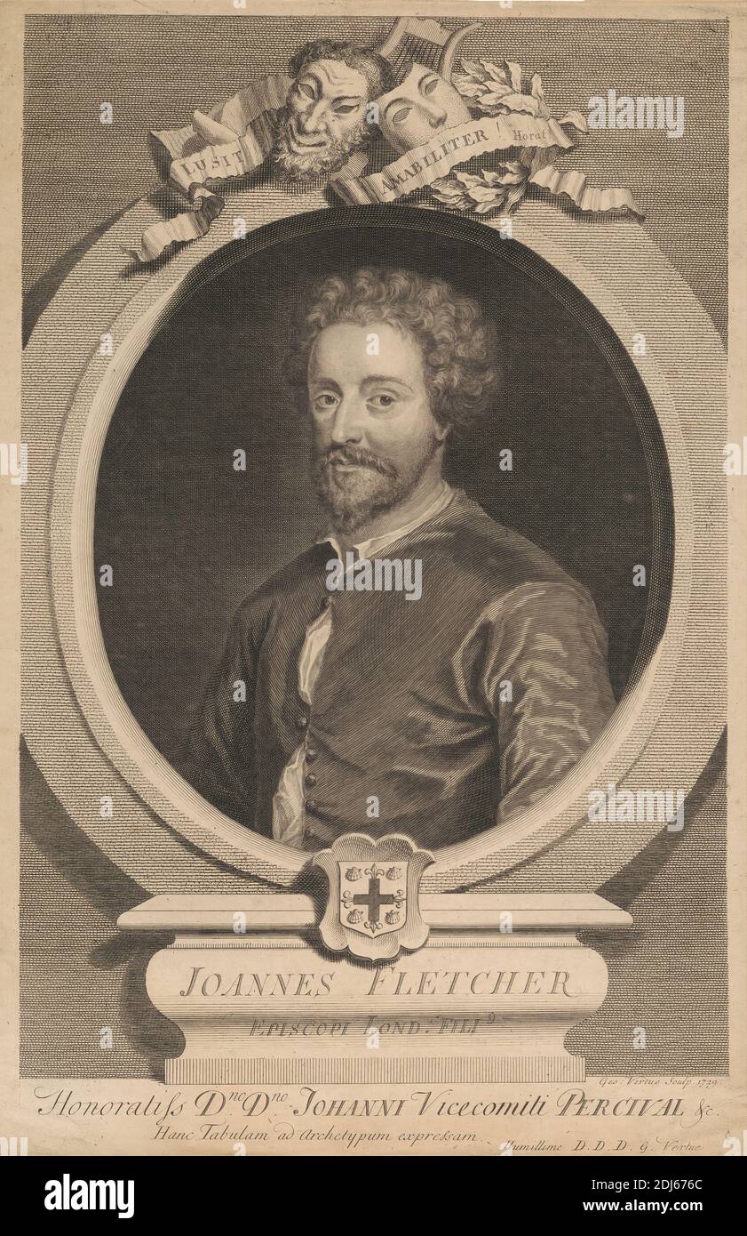 John Fletcher, Druck von George Vertue, 1684–1756, British, 1729, Strichgravur auf mittelschwerem, leicht strukturiertem, cremefarbenen Papier Stockfoto