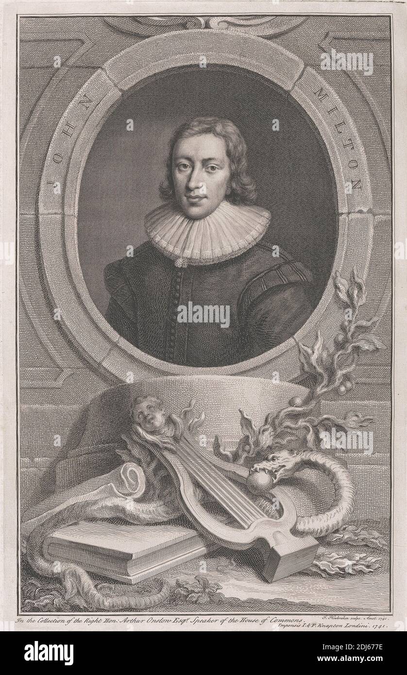 John Milton, Druck gemacht von Jacobus Houbraken, 1698–1780, Niederländisch, 1741, Strichgravur auf mittelschwerem, leicht strukturiertem, cremefarbenem Wove-Papier Stockfoto