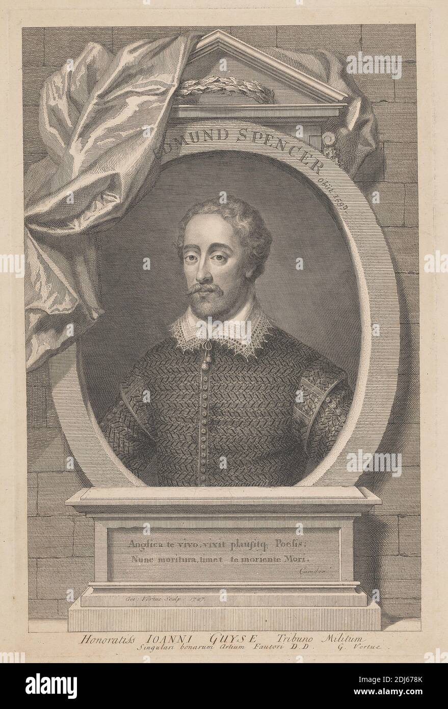 Edmund Spencer, Druck gemacht von George Vertue, 1684–1756, britisch, 1727, Strichgravur auf mittelschwerem, leicht strukturiertem, cremefarbenen Papier Stockfoto