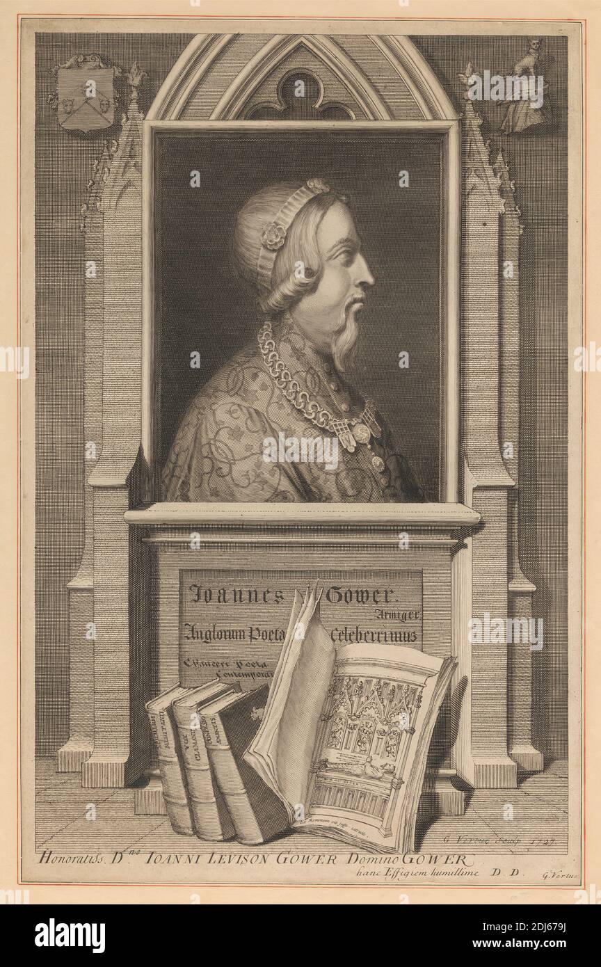 John Gower, Druck gemacht von George Vertue, 1684–1756, British, 1727, Strichgravur auf mittelschwerem, leicht strukturiertem, cremefarbenen Papier Stockfoto