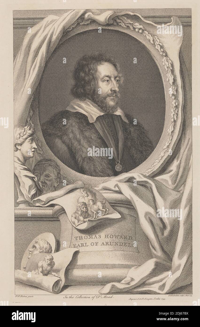 Thomas Howard Earl of Arundel, Druck von Jacobus Houbraken, 1698–1780, niederländisch, nach Sir Peter Paul Rubens, 1577–1640, Flämisch, 1744, Strichgravur auf mittelschwerem, leicht strukturiertem, cremefarbenen Papier Stockfoto