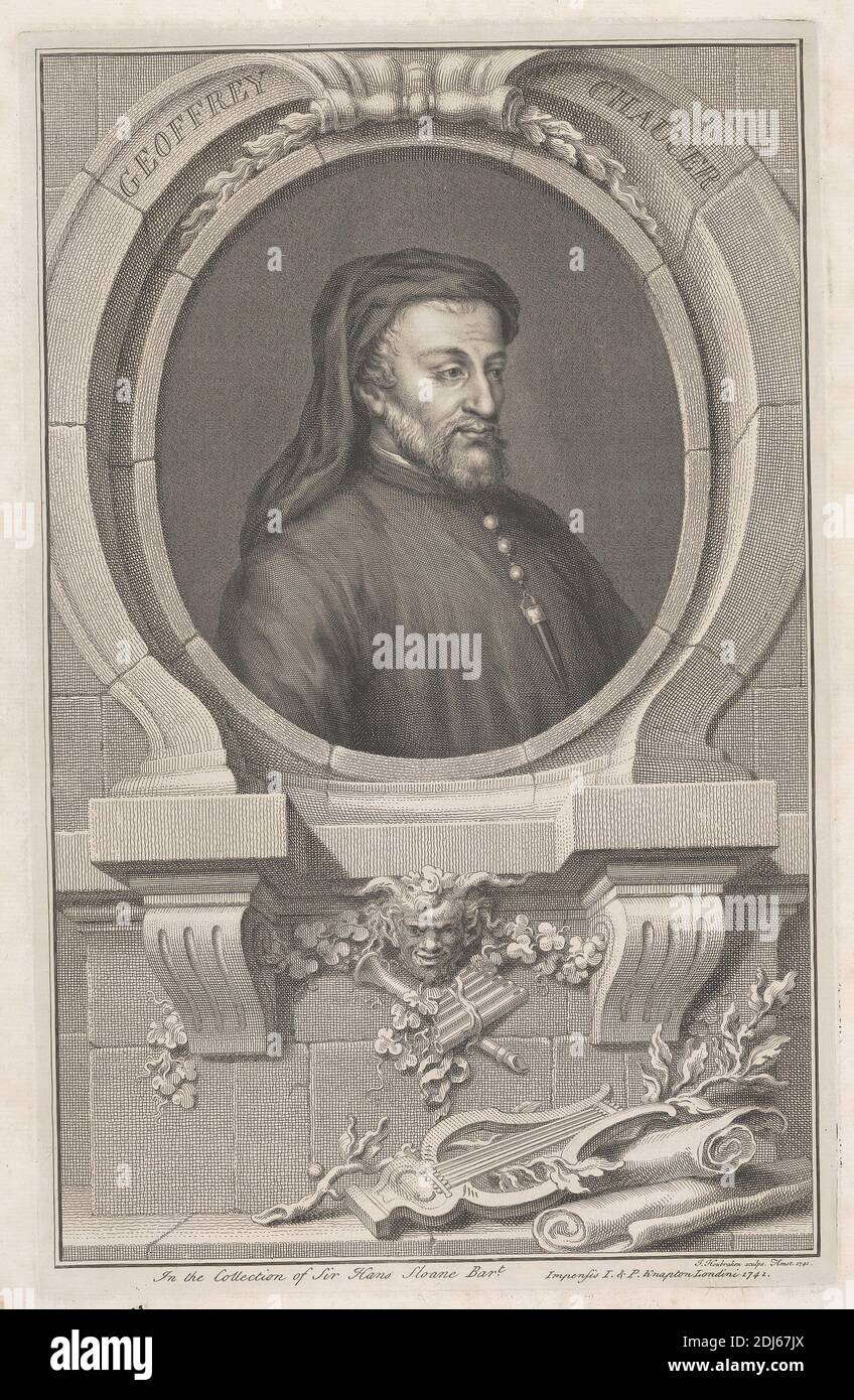 Geoffrey Chaucer, Druck gemacht von Jacobus Houbraken, 1698–1780, Niederländisch, 1741, Strichgravur auf mittelschwerem, leicht strukturiertem, cremefarbenen Papier Stockfoto