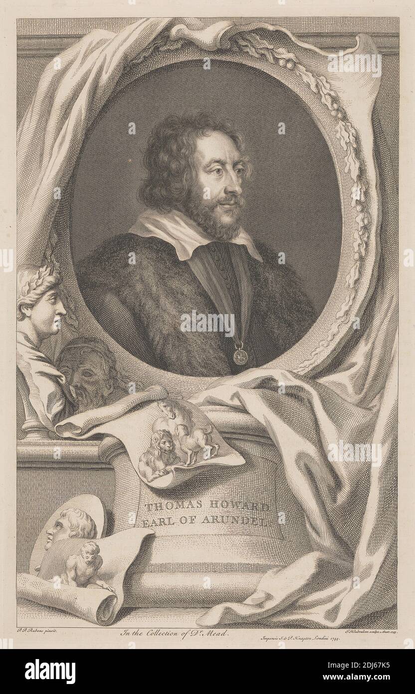 Thomas Howard, Earl of Arundel, Druck von Jacobus Houbraken, 1698–1780, niederländisch, nach Sir Peter Paul Rubens, 1577–1640, Flämisch, 1744, Strichgravur auf mittelschwerem, leicht strukturiertem, cremefarbenen Papier Stockfoto