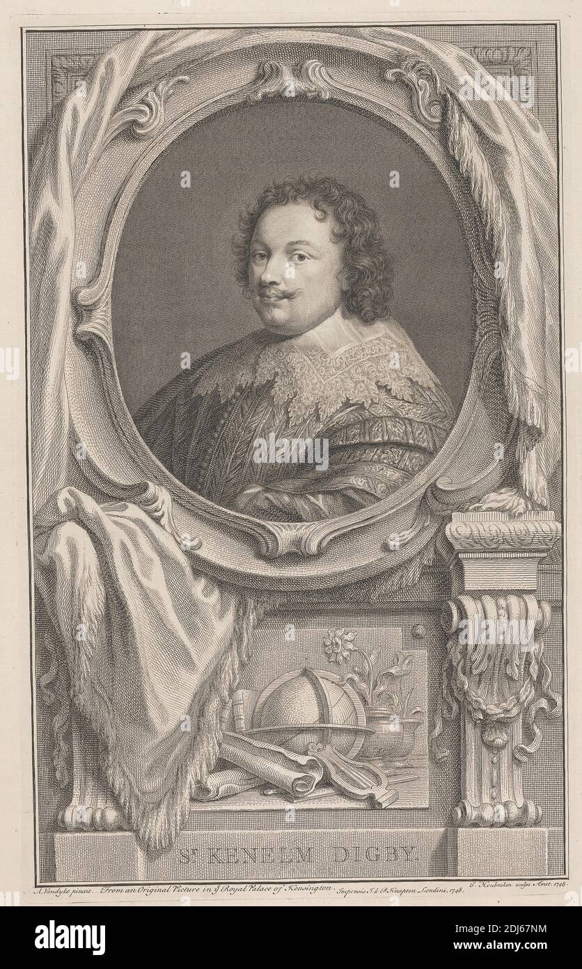 Sir Kenelm Digby, Druck von Jacobus Houbraken, 1698–1780, niederländisch, nach Sir Anthony Van Dyck, 1599–1641, flämisch, in Großbritannien tätig (1620–21; 1632–34; 1635–41), 1748, Strichgravur, Stippstich und Radierung auf mäßig dickem, leicht strukturiertem, cremefarbenen Papier, Blatt: 19 5/8 × 13 5/8 Zoll (49.8 34.6 × cm), Platte: 14 11/16 × 9 1/4 Zoll (37.3 × 23.5 cm) und Bild: 14 1/8 × 8 11/16 Zoll (35.9 × 22.1 cm Stockfoto