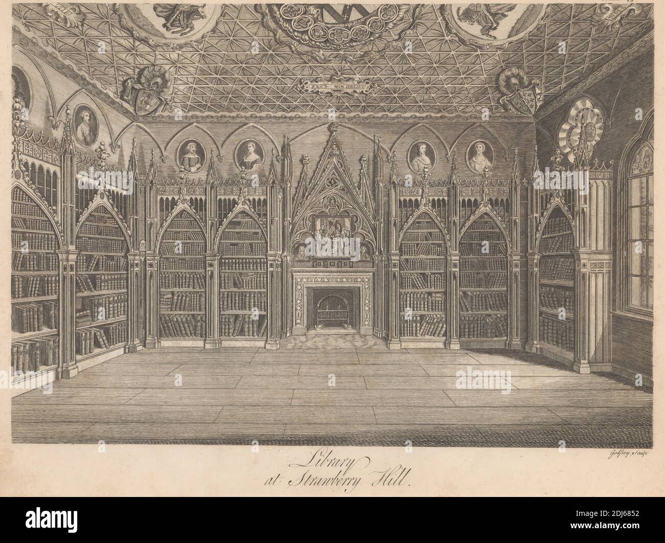 Library at Strawberry Hill, Print made by John Godfrey, 1784, Strichgravur auf mittelschwerem, leicht strukturiertem, cremefarbenen Wove-Papier Stockfoto Library at Strawberry Hill, Print made by John Godfrey, 1784, Strichgravur auf mittelschwerem, leicht strukturiertem, cremefarbenen Wove-Papier Stockfoto