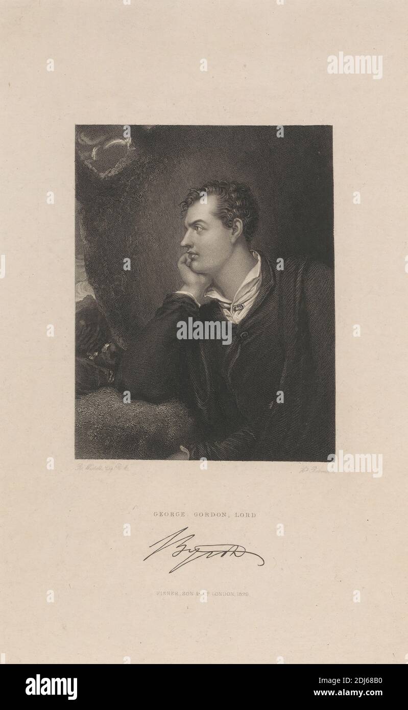 George Gordon Byron, Sixth Baron Byron, after Richard Westall, 1765–1836, British, Published by Fisher, Son & Co., Active 1821–1848, British, 1829, Liniengravur auf mittelschwerem, leicht strukturiertem, cremefarbenen Wove-Papier Stockfoto