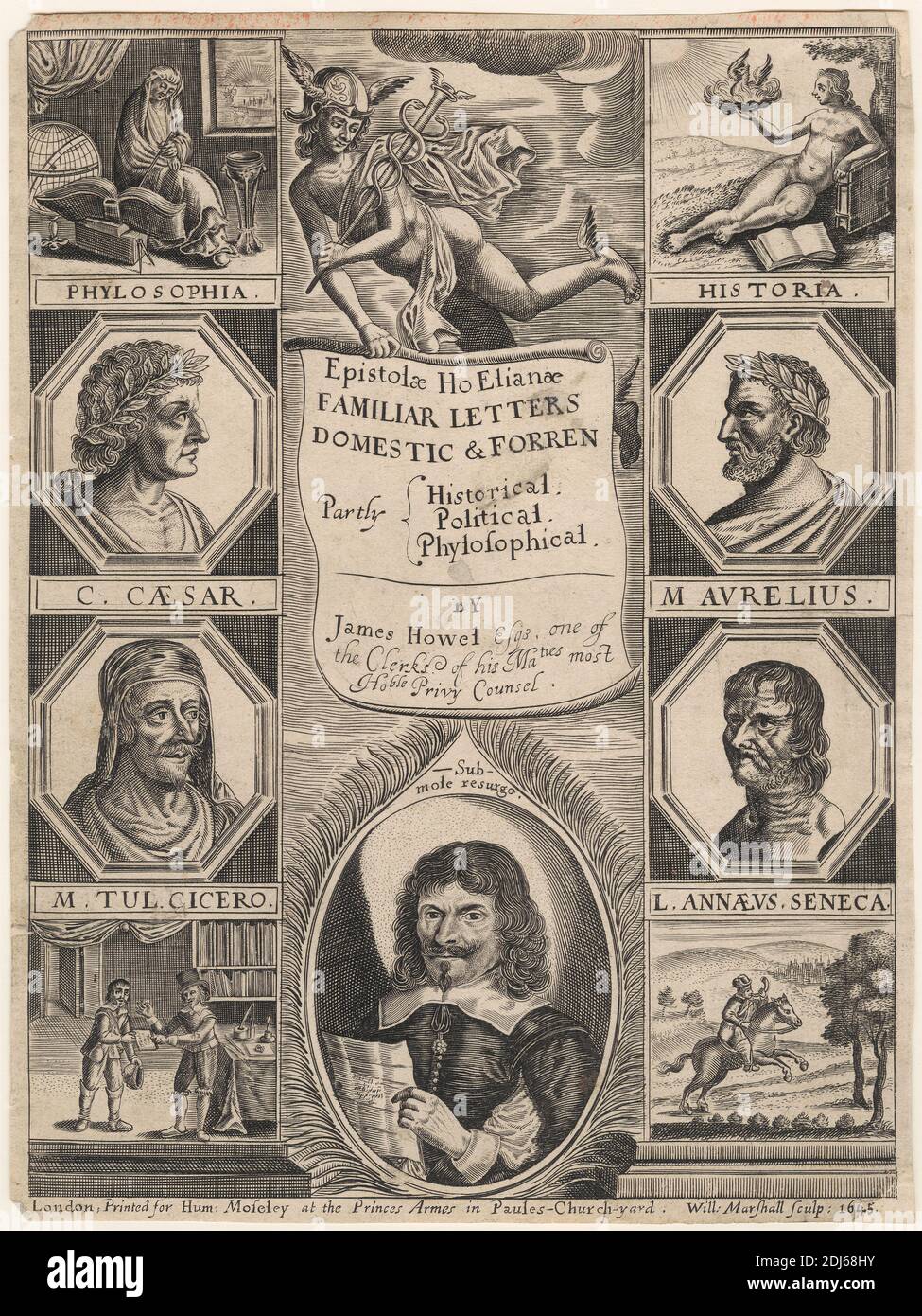 Titelseite zu James Howell, Epistolae Ho Elianae: Vertraute Briefe, Domestic & Forren, Druck gemacht von William Marshall, fl. 1617–1649, 1645, Strichgravur auf mittelschwerem, leicht strukturiertem, cremefarbenen Papier Stockfoto