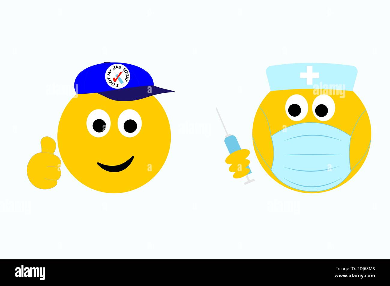 Daumen hoch emoji mit Ich habe meine Jab heute Aufkleber mit medizinischen emoji in Gesichtsmaske, Krankenschwester, Arzt, Gesundheitsarbeiter, mit Impfstoff in Spritze, Grippe covid 19 m Stockfoto