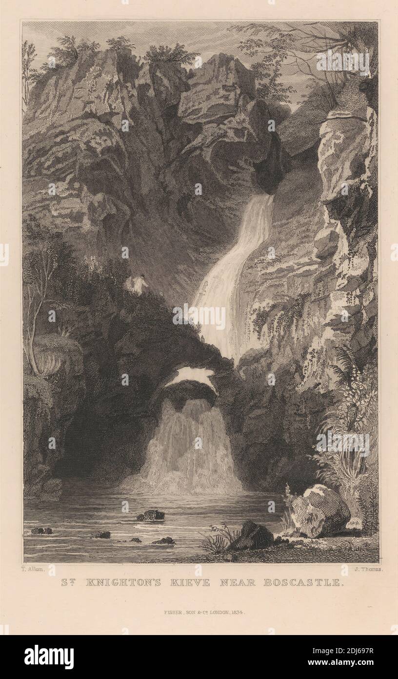 St. Knighton's Kieve near Boscastle, after Thomas Allom, 1804–1872, British, Published by Fisher, Son & Co., Active 1821–1848, British, 1834, Radierung und Liniengravur auf mittelschwerem, leicht strukturiertem, cremefarbenen Wove-Papier Stockfoto