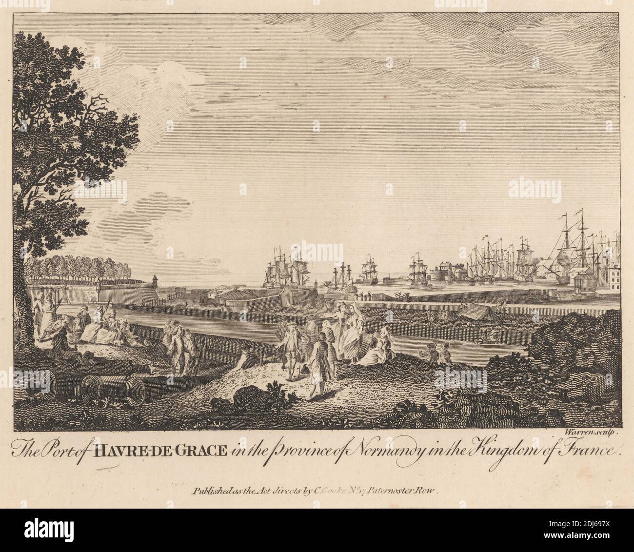 Der Hafen von Havre de Grace in der Provinz Normandie im Königreich Frankreich, Druck von Charles Warren, 1767–1823, Britisch, 1793, Strichgravur und Radierung auf mittelschwerem, leicht strukturiertem, cremefarbenen Papier Stockfoto