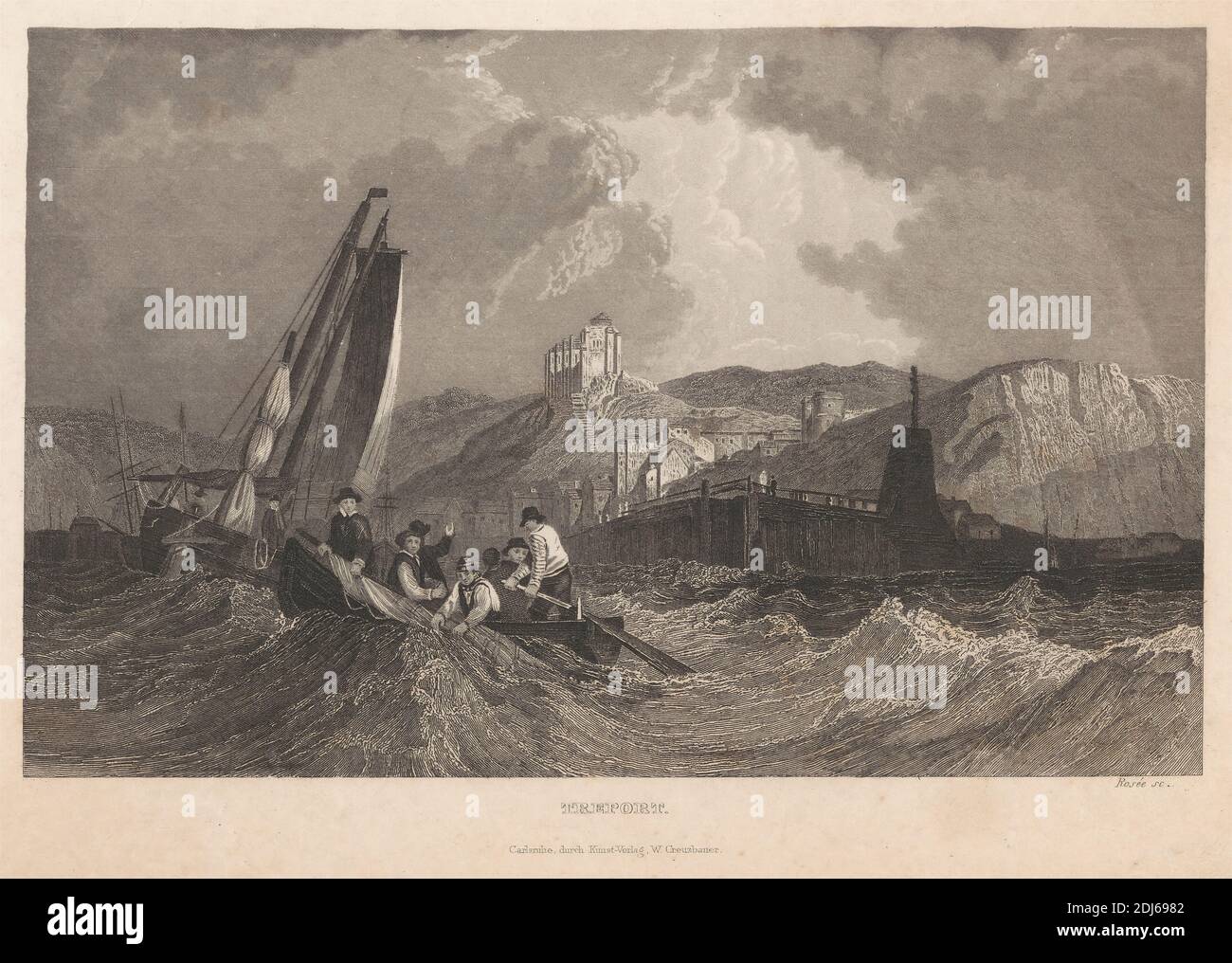 Treport, nach Clarkson Stanfield, 1793–1867, britisch, 1834, Strichgravur auf mittelschwerem, leicht strukturiertem, cremefarbenem Wove-Papier Stockfoto Treport, nach Clarkson Stanfield, 1793–1867, britisch, 1834, Strichgravur auf mittelschwerem, leicht strukturiertem, cremefarbenem Wove-Papier Stockfoto