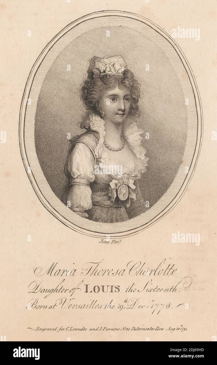 Maria Theresia Charlotte, Tochter von Louis dem sechzehnten, Druck gemacht von John Jones, ca. 1745–1797, britisch, 1794, Stichelstich, Aquatinta und Radierung auf mittelschwerem, leicht strukturiertem, cremefarbenem Papier Stockfoto