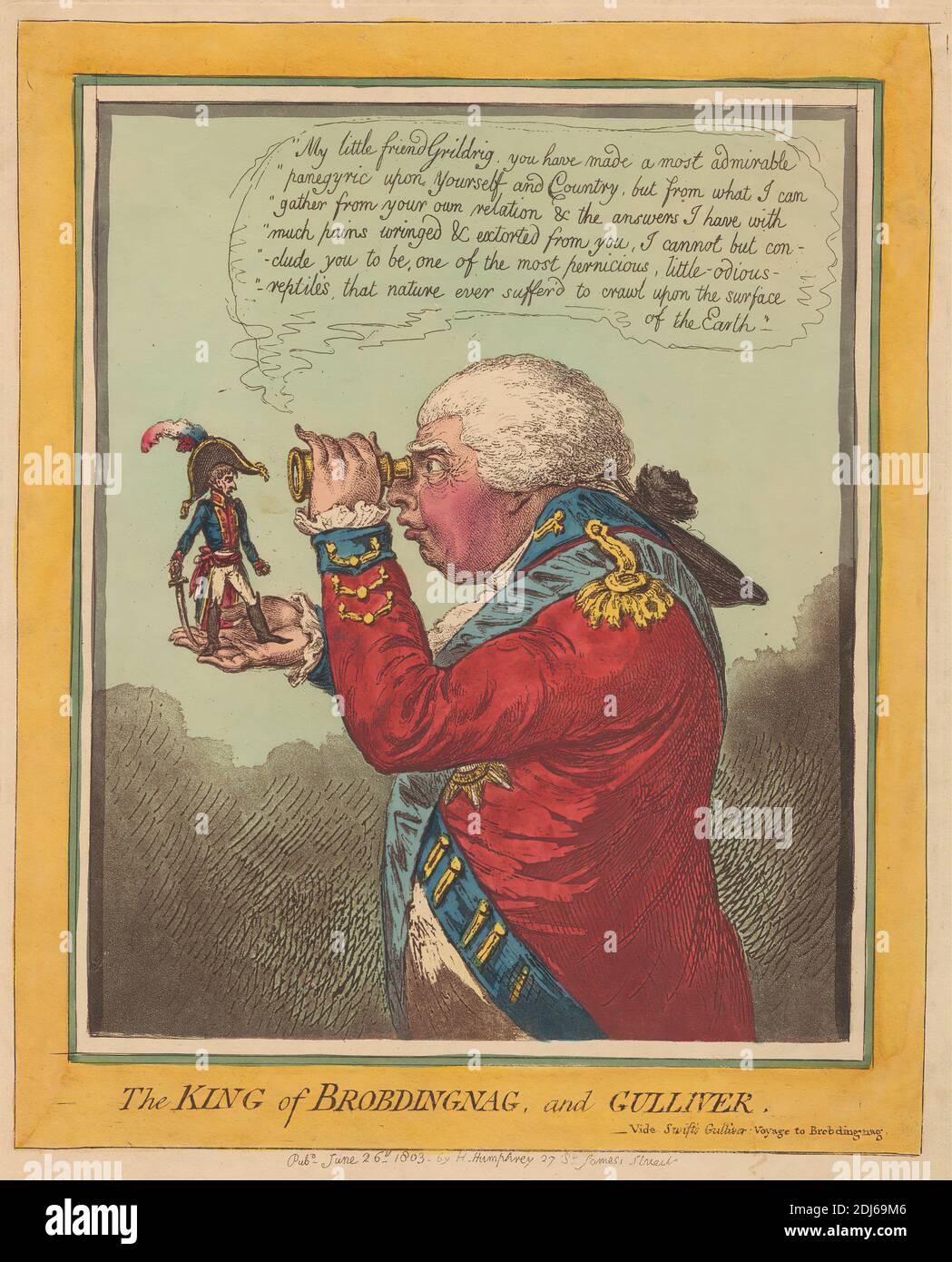 Der König von Brobdingnag und Gulliver, Druck gemacht von James Gillray, 1757–1815, britisch, Verfasst von Hannah Humphrey, ca. 1745–1818, britisch, 1803, Radierung und Aquatinta mit Aquarellfarbe auf mittelschwerem, leicht strukturiertem, cremefarbenem Papier Stockfoto