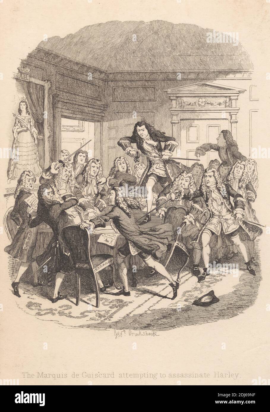 The Marquis de Guiscard Attentat auf Harley, Print made by George Cruikshank, 1792–1878, British, 1844, Radierung auf mittelschwerem, leicht strukturiertem, cremefarbenem Papier Stockfoto