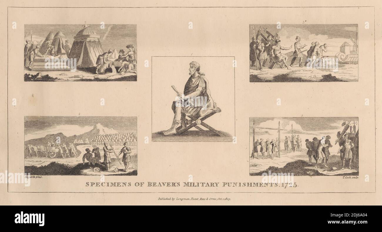 Exemples of Beaver's Military Punishments, 1725, Druck von Thomas Cook, 1744–1818, britisch, nach William Hogarth, 1697–1764, britisch, Published by Longman, Active 1804–1914, britisch, 1809, Radierung und Strichgravur auf mittelschwerem, leicht strukturiertem, cremefarbenen Papier Stockfoto