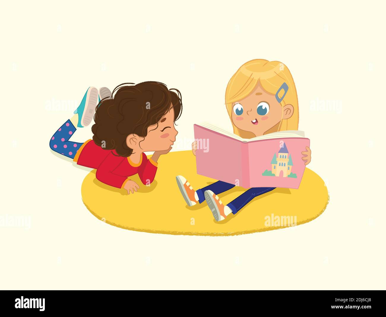 Illustration von zwei Freundinnen, die das Buch in einer Buchecke im Kindergarten lesen. Isoliert. Stock Vektor
