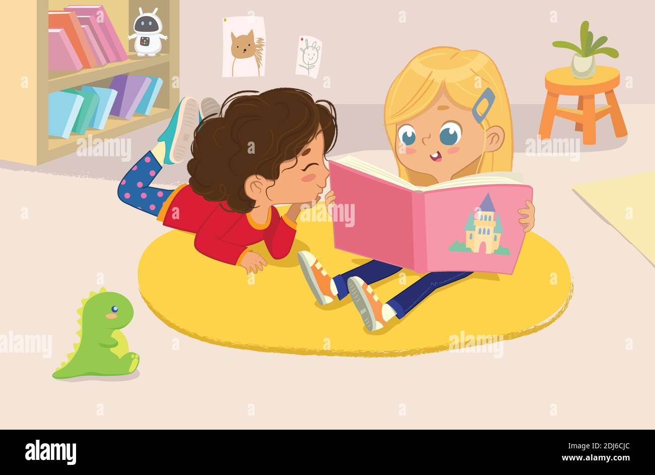 Illustration von zwei Mädchen, die das Buch in einem Buch lesen Ecke im Kindergarten Stock Vektor