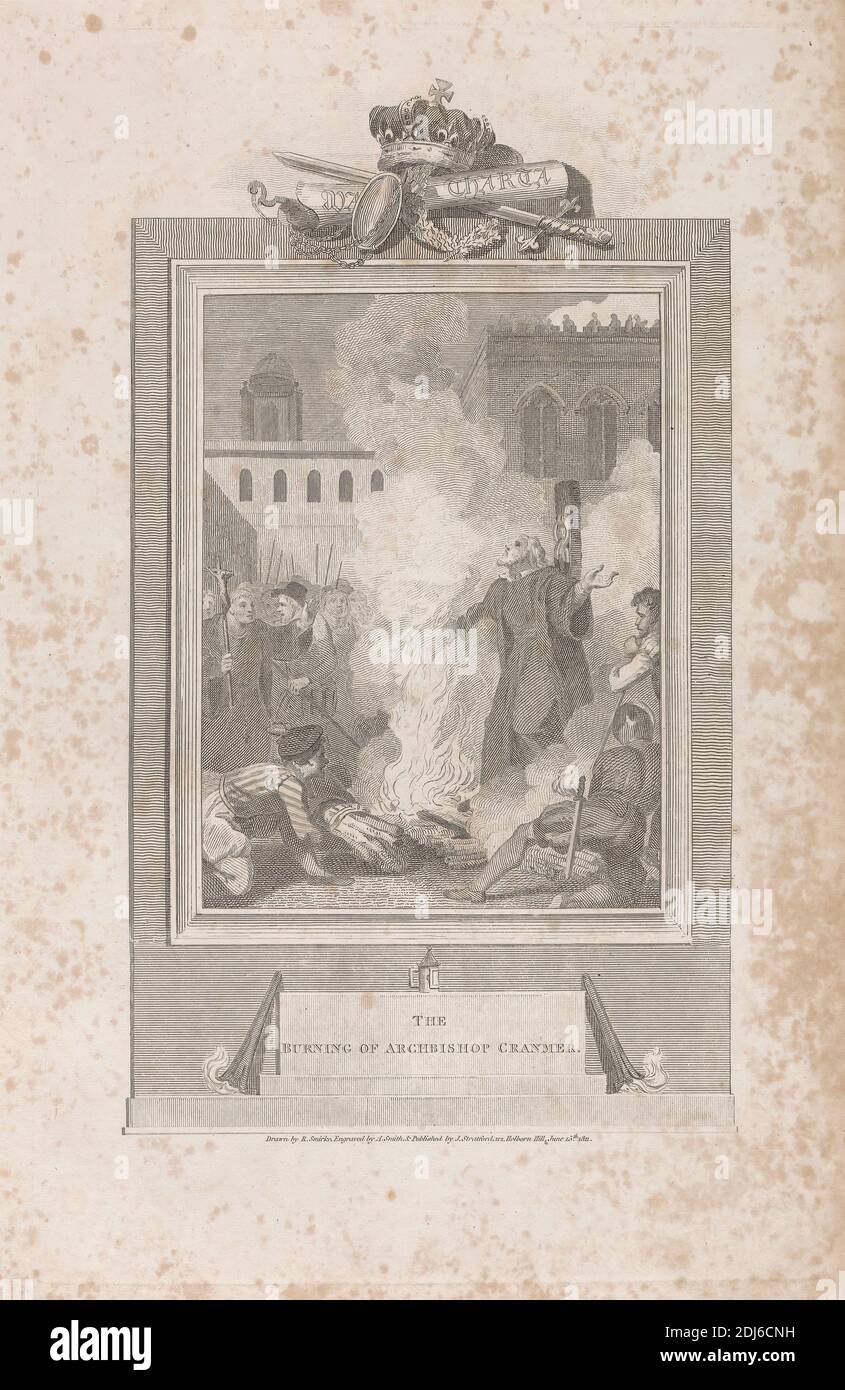 The Burning of Erzbischof Cranmer, Print Made by Anker Smith, 1759–1819, British, after Robert Smirke, 1752–1845, British, Published by J. Stratford, Active 1792–1813, British, 1811, Radierung und Strichgravur auf dünnem, leicht strukturiertem, cremefarbenem Wove-Papier, Blatt: 14 × 8 7/8 Zoll (35.6 × 22.5 cm), Platte: 11 7/8 × 7 1/2 Zoll (30.2 × 19.1 cm), und Bild: 10 1/8 × 6 1/8 Zoll (25.7 × 15.6 cm), Brennen, Feuer, Rahmen (Einrichtung), historisches Thema, Rauch Stockfoto
