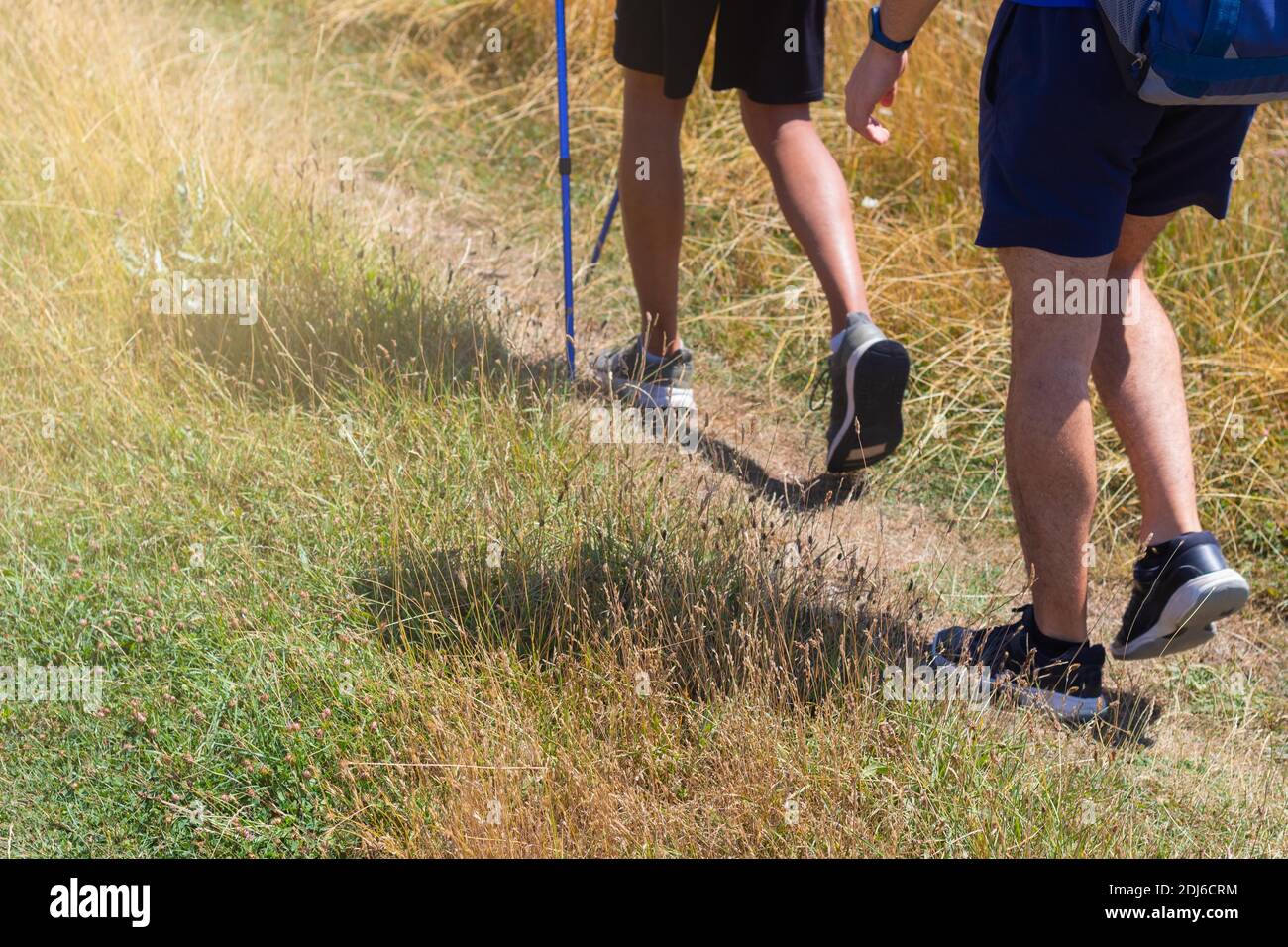 Detail von jungen Leuten mit Wanderstöcken beim Camino De Santiago in Spanien Stockfoto