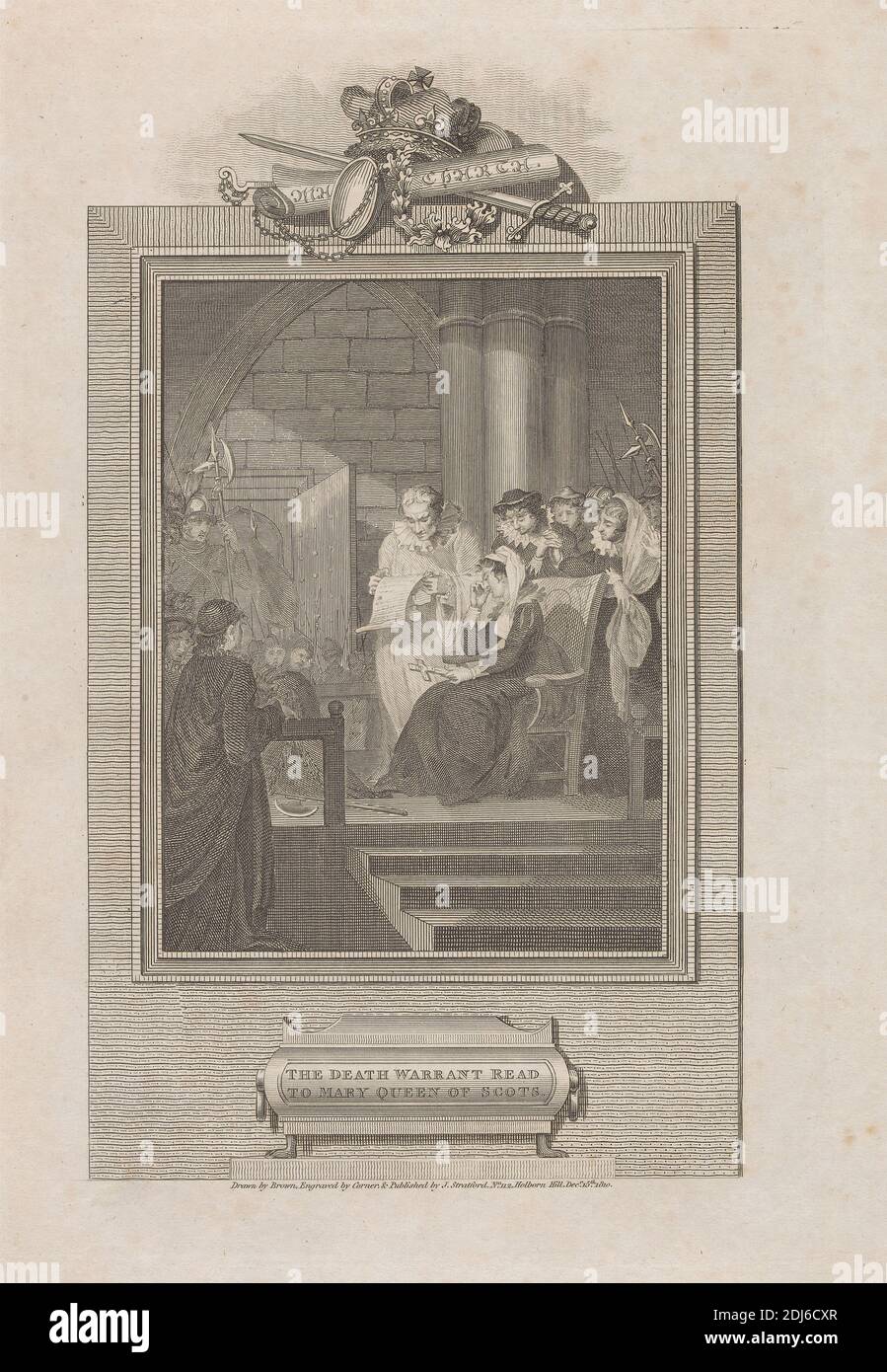 The Death Warrant Read to Mary Queen of Scots, Print Made by John Corner, 1788–1825, after Mather Brown, 1761–1831, American, Active in Britain, Published by J. Stratford, Active 1792–1813, British, 1810, Radierung und Liniengravur auf dünnem, leicht strukturiertem, cremefarbenen Wove-Papier, Blatt: 14 × 8 7/8 Zoll (35.6 × 22.5 cm), Platte: 10 5/8 × 7 3/8 Zoll (27 × 18.7 cm), und Bild: 9 7/8 × 5 7/8 Zoll (25.1 × 14.9 cm), Geschichte Gemälde, Interieur, Bademäntel, Zimmer, Lizenzgebühren, Wandteppich, Warrants Stockfoto