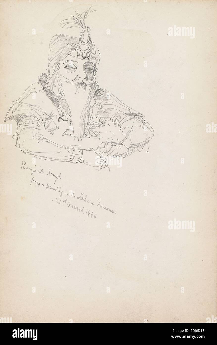 Ranjit Singh, aus A Painting in the Lahore Museum, William Simpson, 1823–1899, British, 1860, Graphit auf mittlerem, glattem, cremefarbenem Webpapier, Blatt: 4 × 5 7/8 Zoll (10.2 × 14.9 cm) und Bindung: 4 1/4 Zoll (10.8 cm), Tierkunst, Kamel (Säugetier), Kutsche, Figurenstudie, Genrefach, Pferd (Tier), Porträt, Indien, Lahore Stockfoto