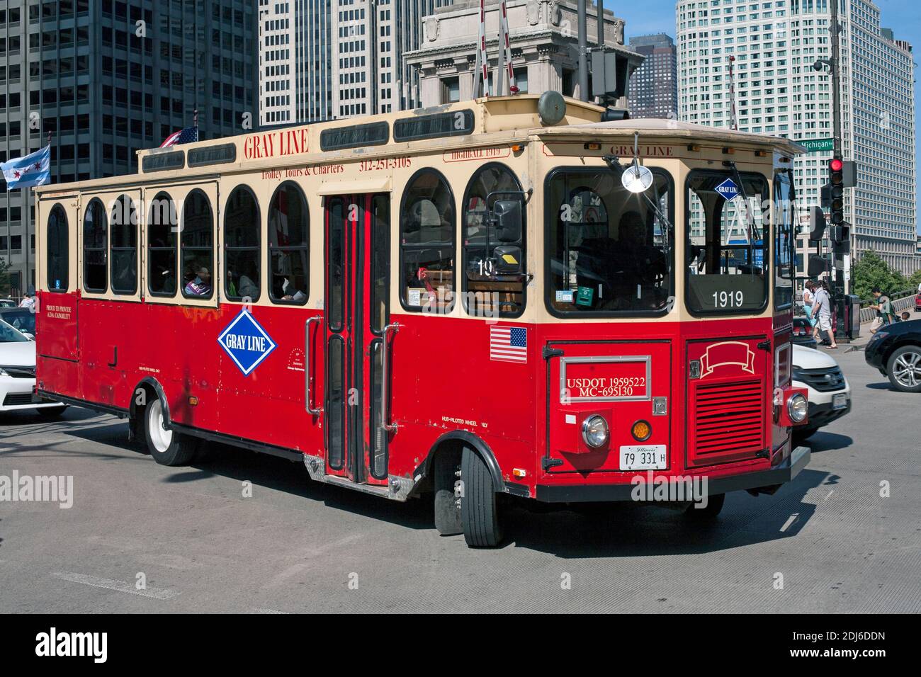 Gray Line Sightseeing-Bus im Trolley-Stil. Chicago Illinois, IL, USA Stockfoto