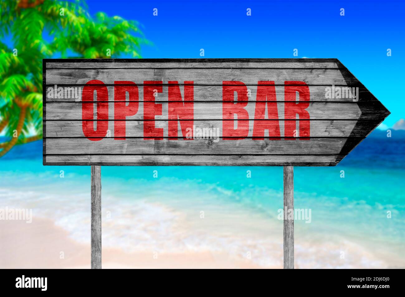 Rote Open Bar Holzschild mit auf einem Strand Hintergrund Stockfoto