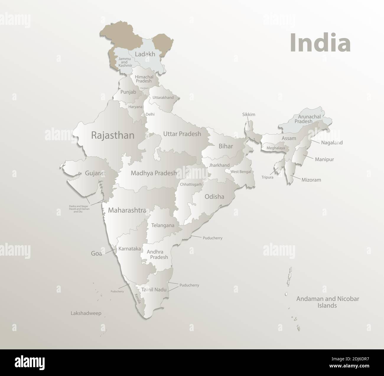 Indien Karte, administrative Teilung, separate Regionen mit Namen der
