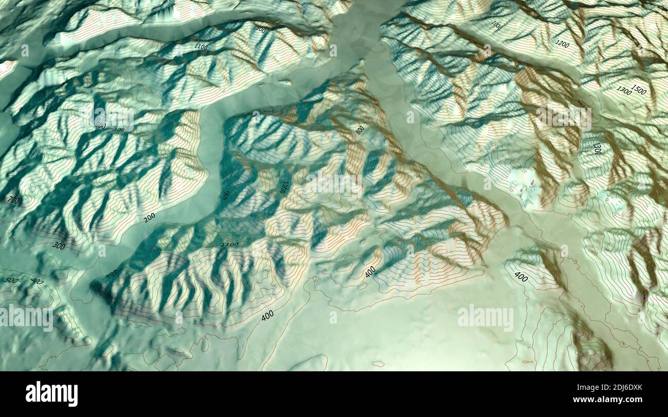 Topographische Karte von Comer See und Lecco, Alpenreliefs mit Berghöhen. Alpen, Lombardei, Italien. 3d-Rendering Stockfoto