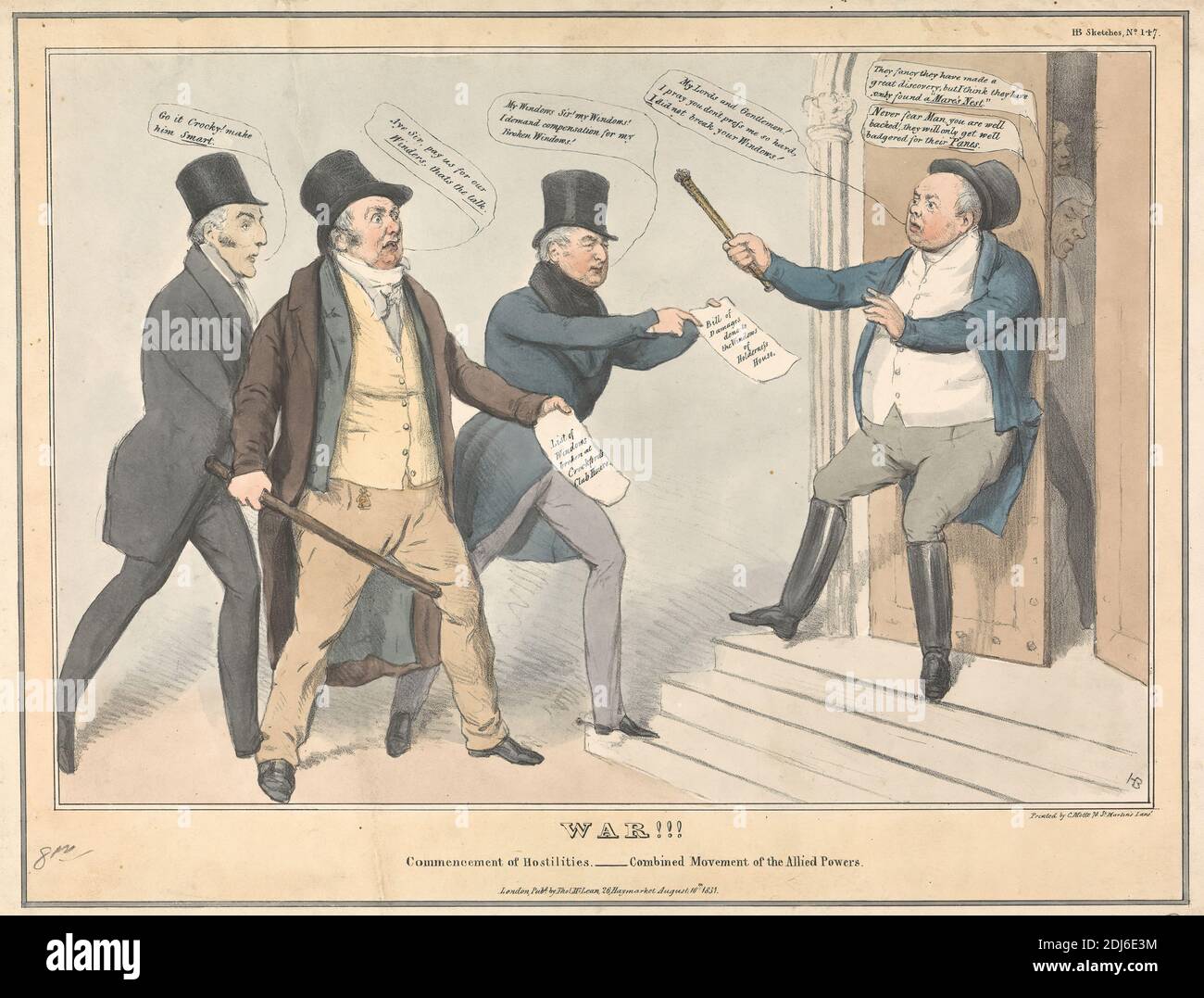 Krieg!!! Beginn der Feindseligkeiten - kombinierte Bewegung der Alliierten Mächte., Druck von John Doyle ('H.B.'), 1797–1868, Irisch, gedruckt von Charles E. P. Motte, 1785–1836, Französisch, Published by Thomas McLean, 1788–1875, British, 1831, Lithograph, handgefärbt auf mäßig dickem, glattem, beigefarbenem Wove-Papier, Blatt: 11 15/16 x 17 1/8 Zoll (30.3 x 43.5 cm) und Bild: 9 3/8 x 13 5/8 Zoll (23.8 x 34.6 cm), gebrochen, Kostüm, Phantasie Kleid, Kampf, Genre Thema, Gestik, Richter, Briefe, Männer, Papiere, parlament, Parodie, Politik, protestieren, Laufen, Satire, Satire, Zepter Stockfoto