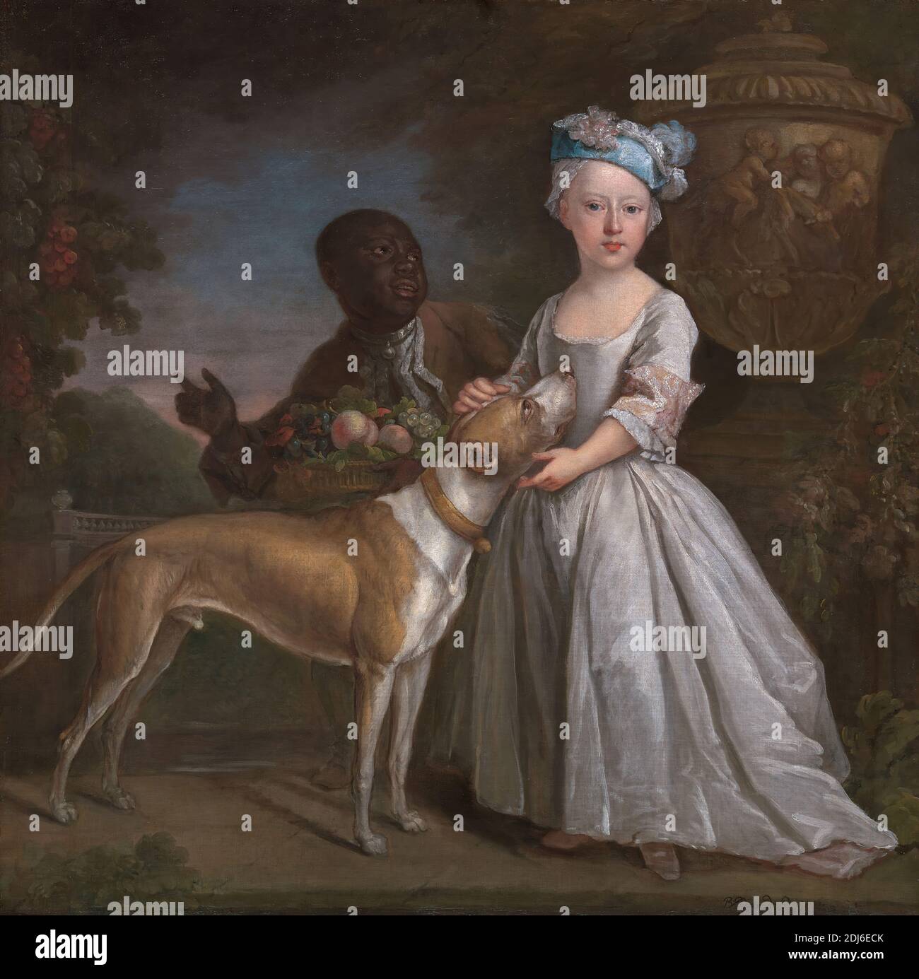 Ein junges Mädchen mit einem versklavten Diener und einem Hund, Bartholomew Dandridge, getauft 1691–starb in oder nach 1754, Briten, ca. 1725, Öl auf Leinwand, Unterstützung (PTG): 48 x 48 Zoll (121.9 x 121.9 cm), Amphore, Korb, blau, Kind, klassisch, Hund (Tier), Obst, Mädchen, Trauben, Hut, Spitze, Pfirsiche, Porträt, Skulptur, Sklave, weiß (Farbe Stockfoto